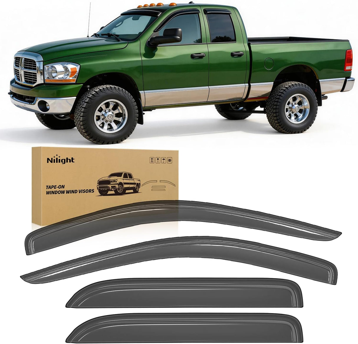 Tape-On Rain Guards for Dodge Ram 1500 Quad Cab 2002-2008, 4PCS | Out-Channel Smoke Window Visors, Helps Vent Fresh Air in Rainy Weather, Fits Dodge Ram 2500/3500 Quad Cab 2003-2009