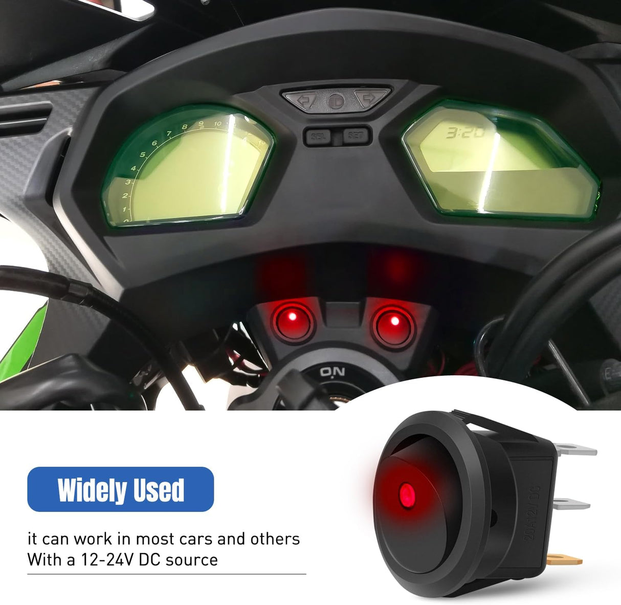 12PCS Round Rocker Switches 12V 24V 20A Red LED Toggle swtiches SPST 3 Pin 2 Position for Car Truck Vehicle Boat Marine Rocker On Off Control