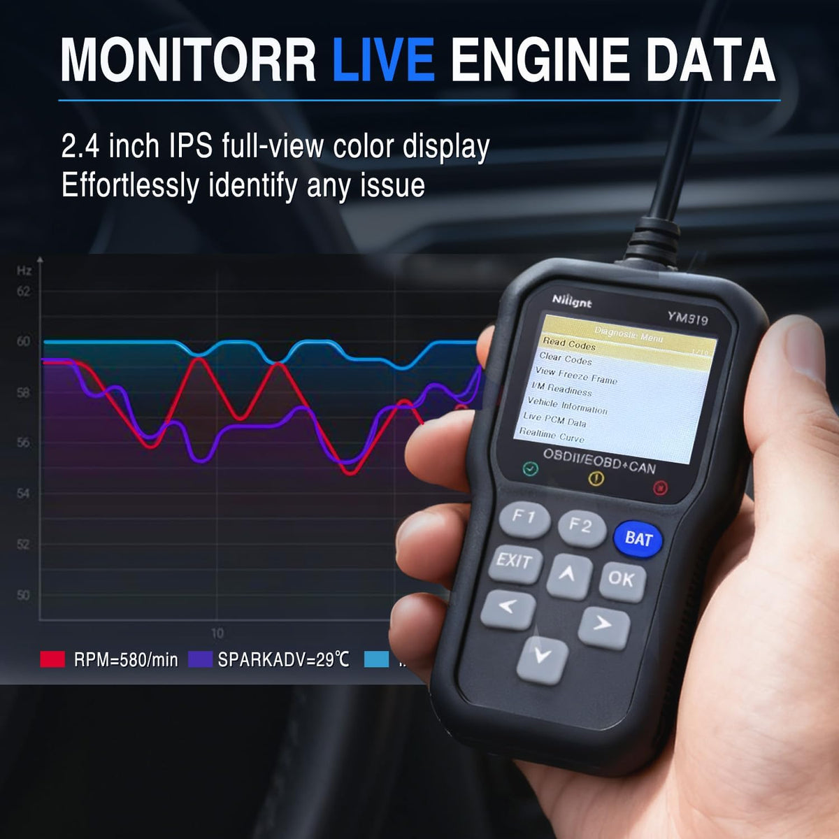 YM319 Professional OBD2 Scanner Car Diagnostic Tool - 2.4 Inch IPS Full-View Color Screen Code Reader - Live Data Graphing, Battery Test for All 1996 & Newer Cars