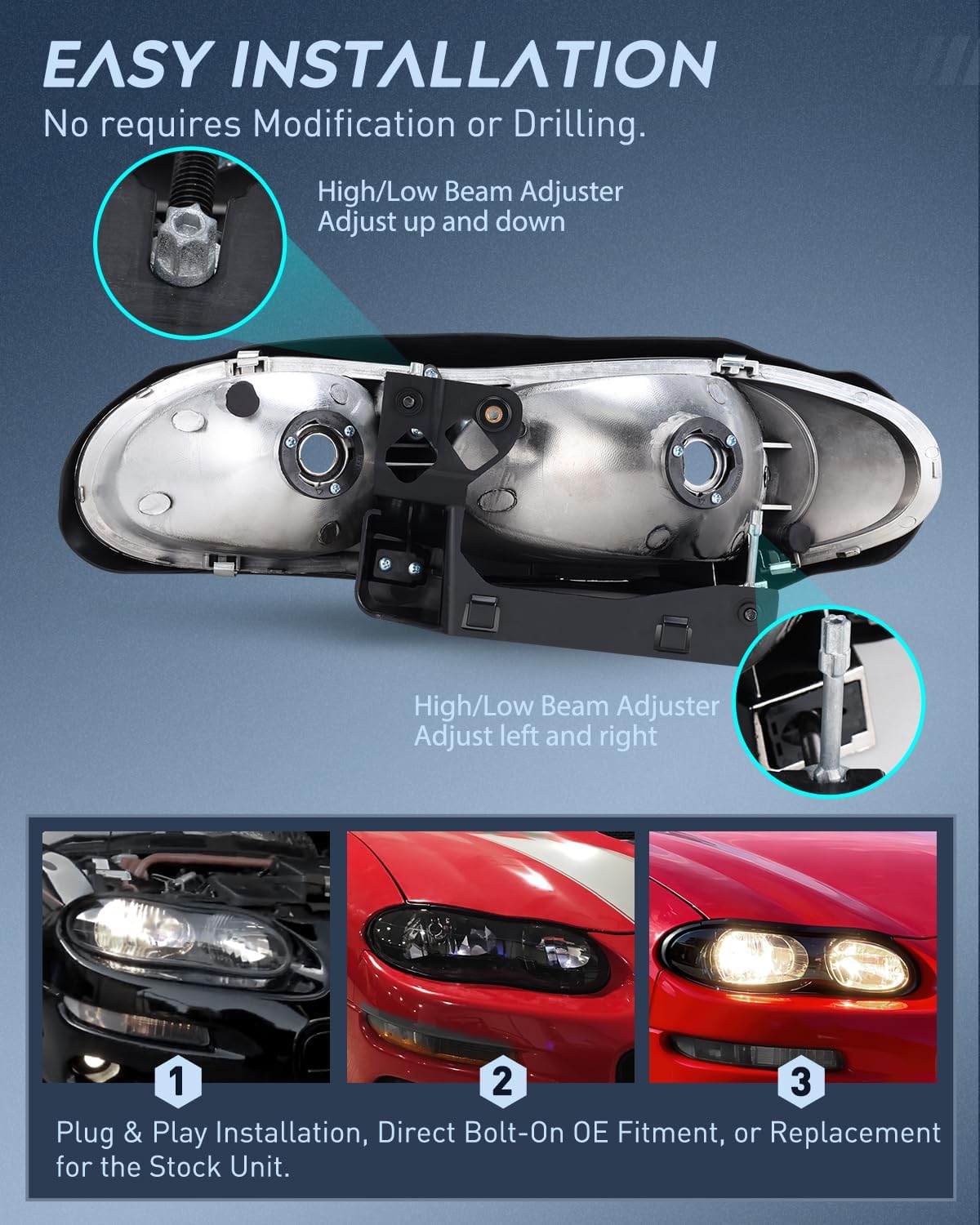 Headlight Assembly Compatible with 1998-2002 Chevy Camaro | 1998 1999 2000 2001 2002 Chevy Chevrolet Camaro OE Style Halogen Replacement Headlamps Black Housing