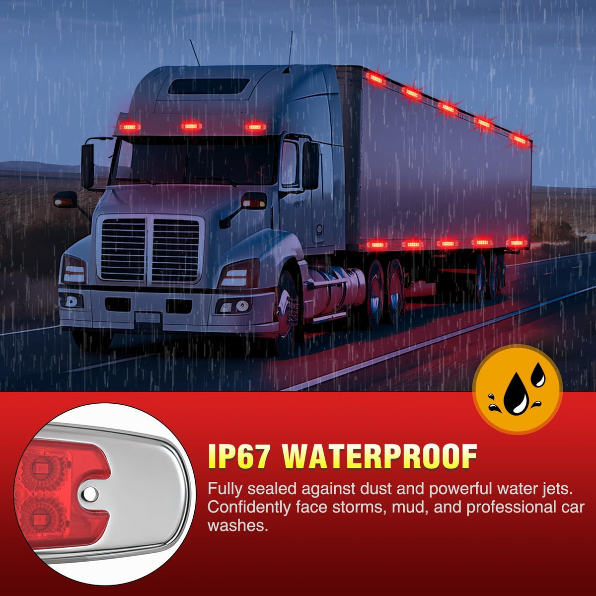 6.3 Inch Red Rectangle Side Marker Light with High Low Strobe | 12 LED IP67 Waterproof Chrome Bezel 12V Surface Mount Marker & Clearance Light Fits Pickup Trucks Trailers RVs Boats,10 Pack