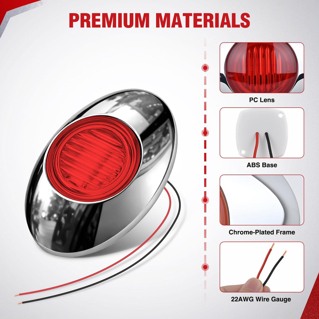 3 Inch Oval LED Trailer Marker Light, Chrome Bezel Red Lens | 10 Pack IP67 Waterproof 12V Surface Mount Marker & Clearance Light, Fits Semi Trucks Trailers RVs Pickup Trucks Vans