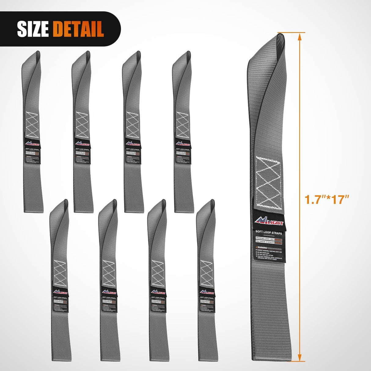Soft Loop 1.7 Inch×17 Inch Motorcycle Tie Down Straps Heavy Duty 12000Lbs Max Break Strength for Securing ATV UTV Kayak Moving Cargo (8PK-Grey)