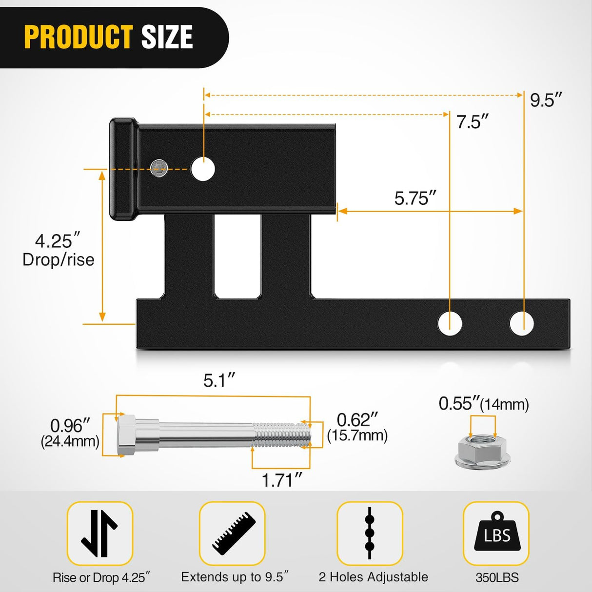 Trailer Hitch Extender Adapt 1-1/4 Inch to 2 Inch Receiver, 4-1/4 Inch Rise or Drop with Bolt Nut Clip 350 lbs TW Adjustable Extend 7.5 Inch and 9.5 Inch Length Matte Black Powder Coated
