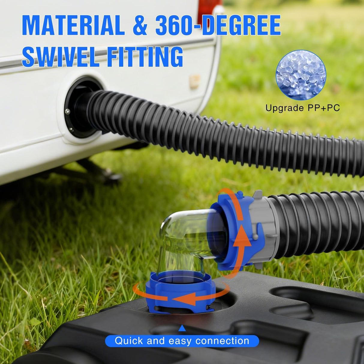 90 Degree RV Tote Tank Adapter, Clear RV Sewer Hose Elbow Fitting with 4 Swivel Bayonet Prongs Leak-Proof Double Odor-Tight Sealing Ring for RV Camping Portable Waste Tank Sewer Hoses, Blue