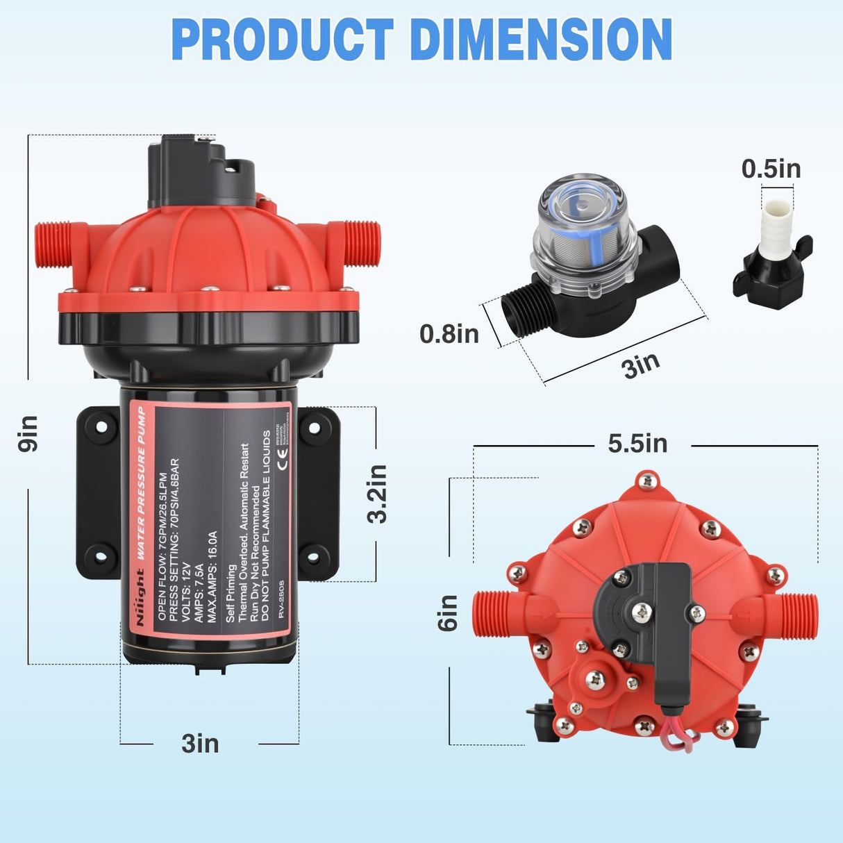 RV Water Pump 12v Camper Water Pump 7.0 GPM 70 PSI with Pressure Switch Strainer Heavy Duty Diaphragm Pump 12 Volt DC Upgrade Self-Priming Low Noice for RV Marine Yacht Caravan Camper Trailer