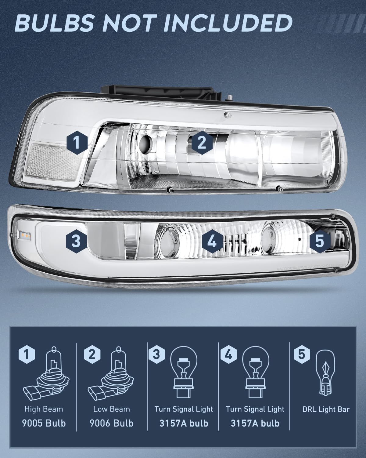LED DRL Headlight Assembly for 1999 2000 2001 2002 Chevy Silverado 1500 1500HD 2500 2500HD 3500 Chevrolet Tahoe Suburban Replacement Headlamp Clean Lens Chrome Housing Bumper Lights Set