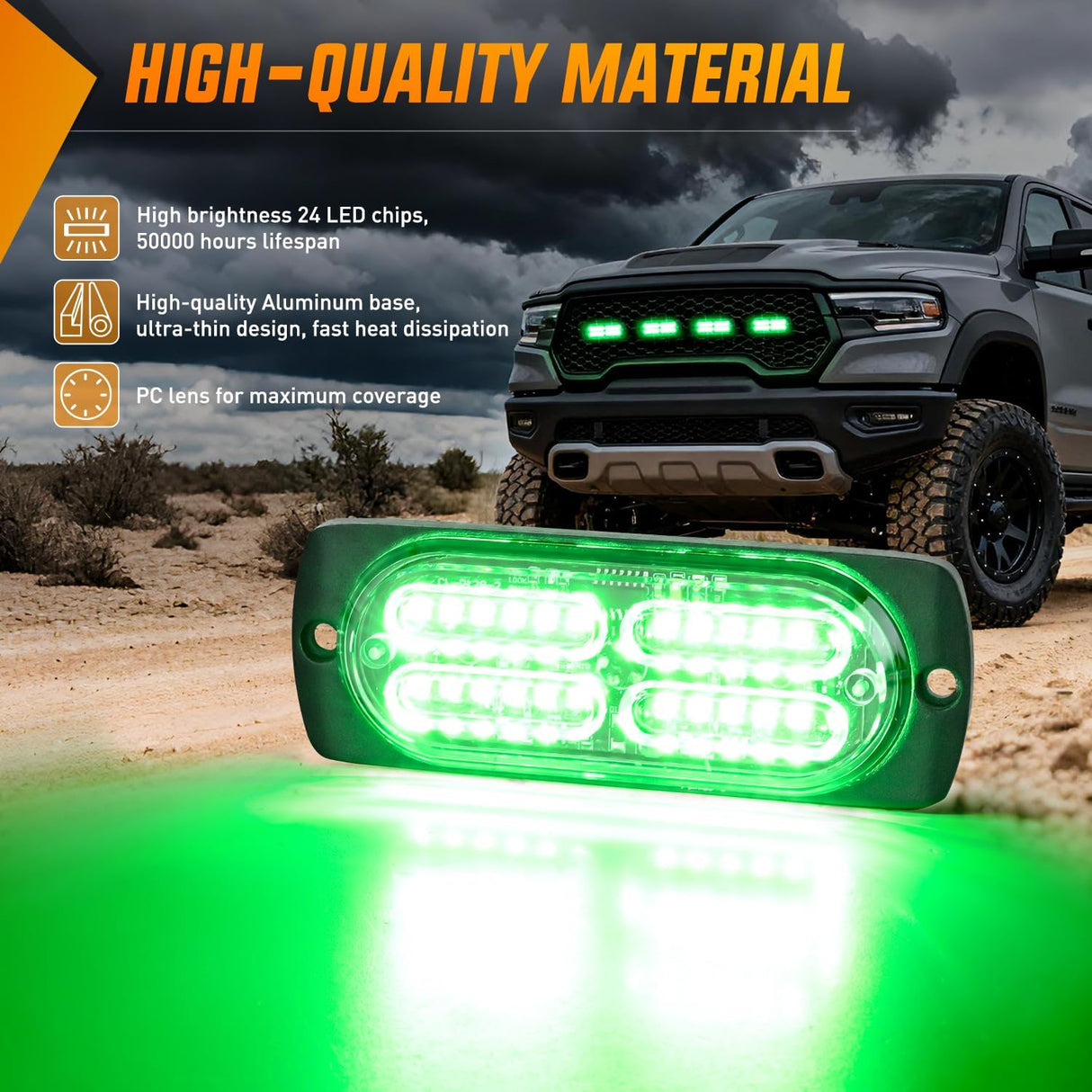 4PCS 24LED Emergency Strobe lights 12V 24V Green Surface Mount Grille Hazard Safety Warning Light Sync Feature Side Flashing Marker Flash for Car Truck Campers