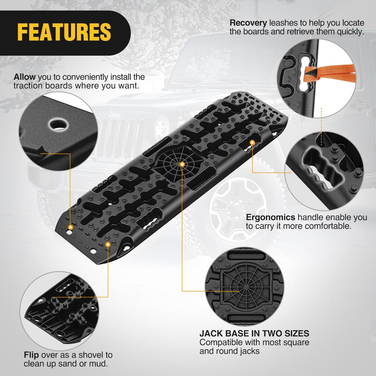 Off Road Traction Boards 4x4 Truck Jeep Recovery Tracks Mats Gear | Heavy Duty Tire Recovery Boards Mounting Kit With Round and Square Jack Lift Base for Truck Jeep SUV Mud Sand Dunes Snow