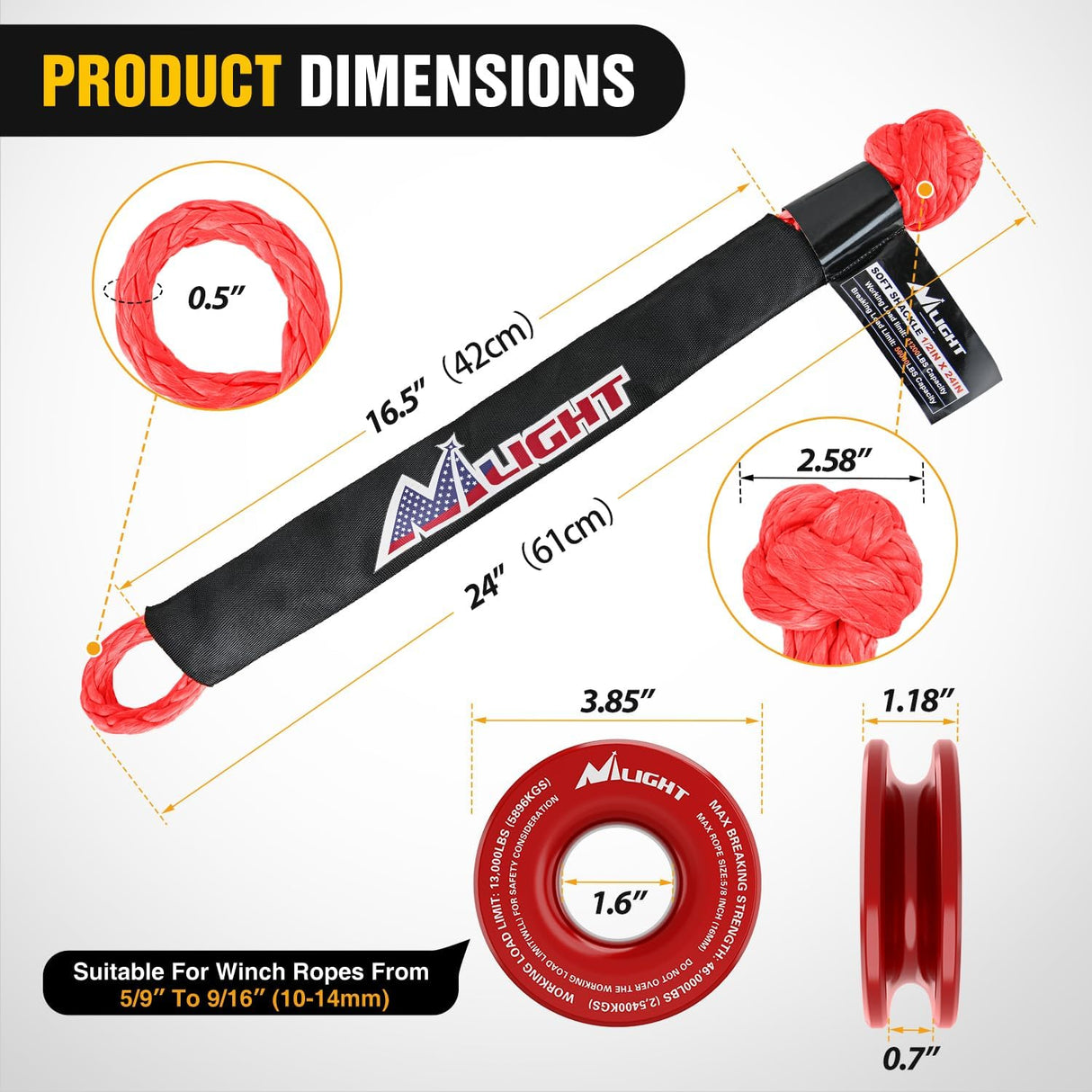 2PCS Synthetic Soft Shackle 1/2 Inch x 24 Inch & Recovery Ring Kit - 56,000 LBS Shackle Breaking Strength with 46,000 LBS MBS Snatch Pulley for 4x4 Truck SUV ATV UTV Off-Road Vehicle Extraction (Red)