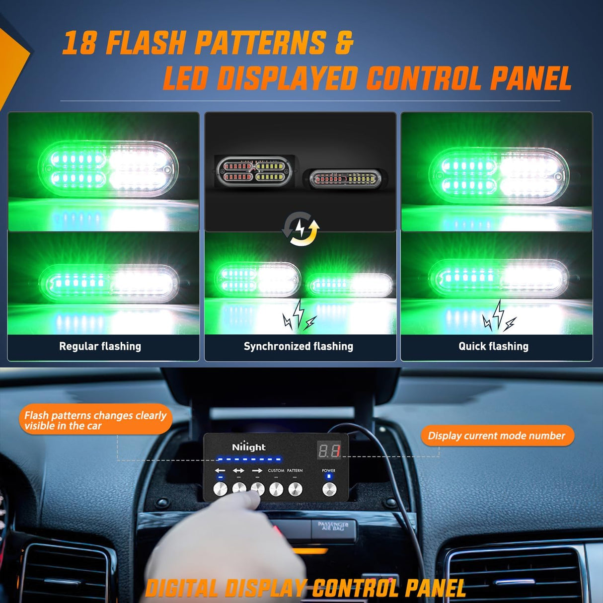 8PCS Led Strobe Lights with Controller 12V 24V Sync Feature Green White Emergency Hazard Warning Light 12 24 LED Surface Mount for Vehicle Car Truck RV ATV