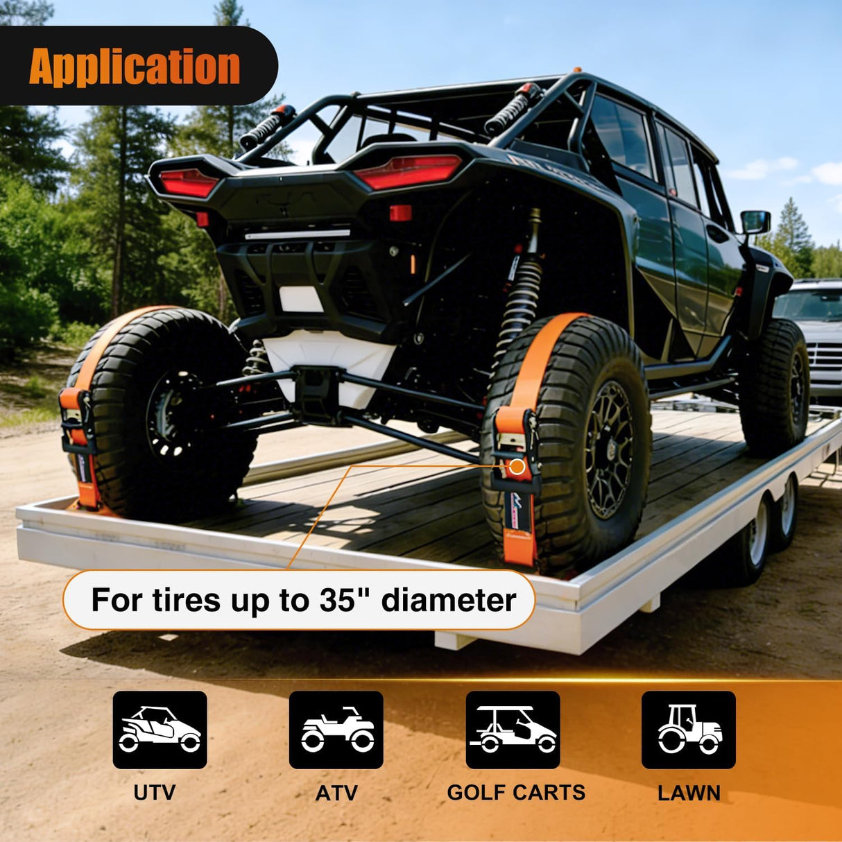 Wheel Chock Tie Down Kit 4500lb Break Strength 4Pcs E-Track Ratchet Straps 8 Pcs Heavy Duty Trailer Tire Straps System for ATV, UTV, Lawn Mower,SXS 10 in-30 in Diameter Tires Orange