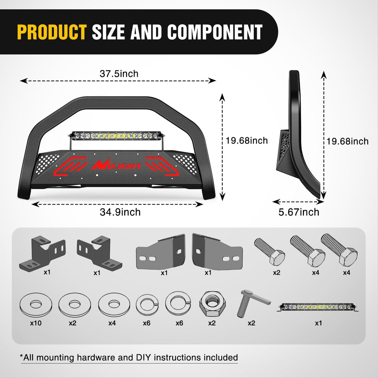 Bull Bar with Light Bar&License Plate Hole Compatible with Toyota Tacoma 2024 2025 2026 Truck Brush Guard, Front Bumper Push Bar w/Grille Skid Plate Light Mount