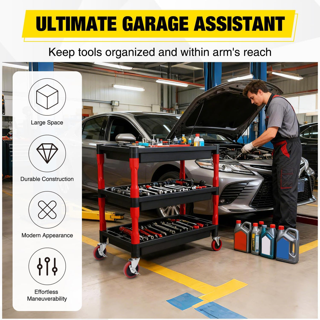 3-Tier Rolling Utility Cart with 4 Inch Swivel Wheels, Heavy-Duty Plastic Tool Cart for Auto Detailing, Garage & Workshop