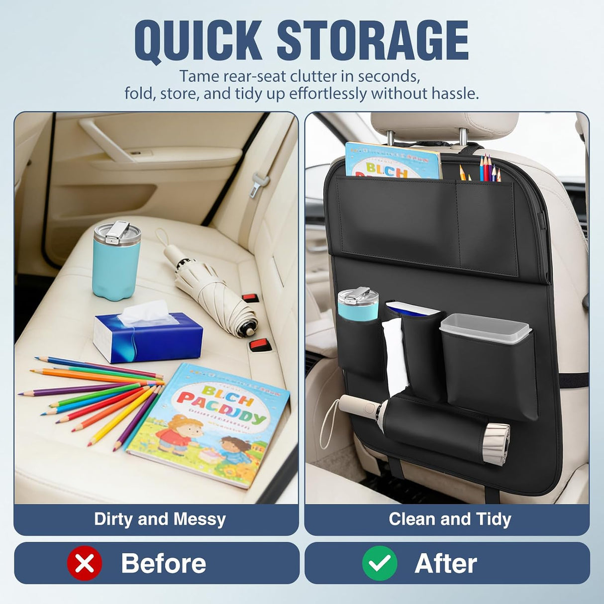Car Seatback Organizer 2PCS Black PU Leather Universal | Foldable Tray Tablet Holder Tissue Box Removable Bucket Waterproof Storage Bag for Cars Vans SUVs MPVs Pickup Trucks