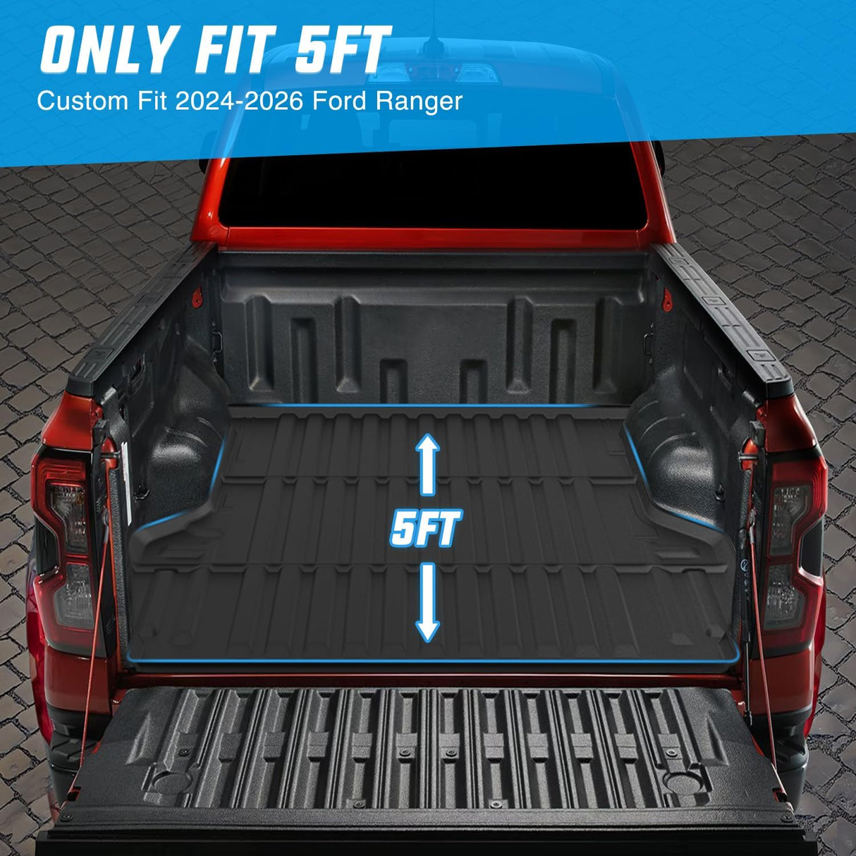 Truck Bed Mat Compatible with Ford Ranger 2024 2025 2026 5 FT | 5.0 FT Custom Fit, TPE Material, Heavy-Duty, Non-Slip, All Weather Protection