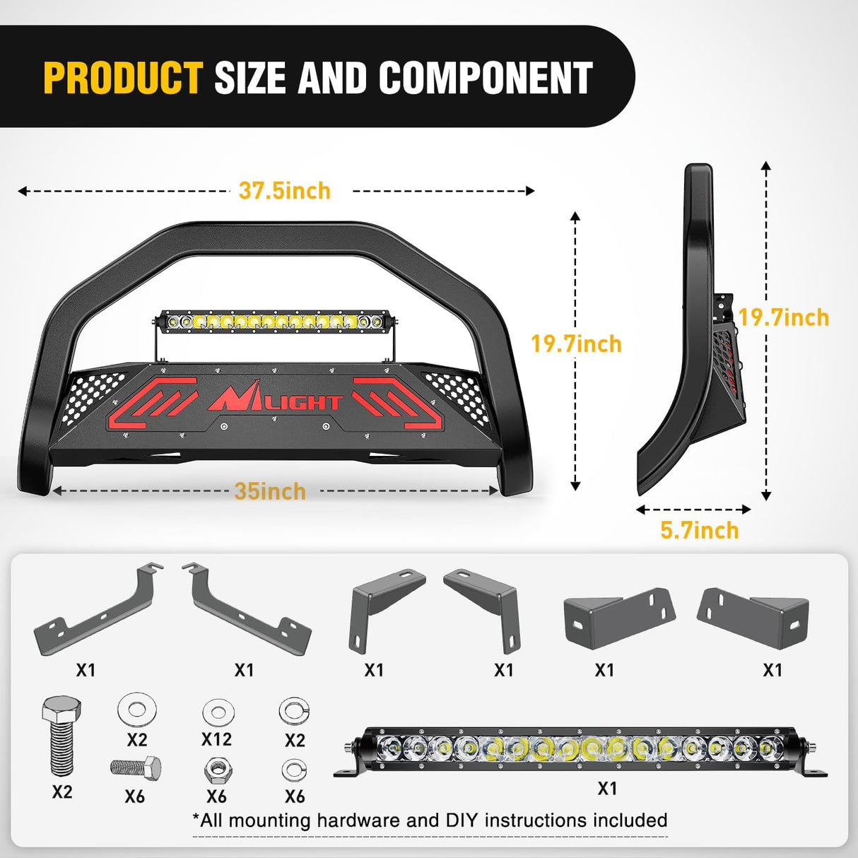 Bull Bar with Light fits 2016-2022 Honda Pilot, 2017-2024 Ridgeline, 2018-2020 Odyssey, 2017-2022 Passport, 2014-2020 Acura MDX Front Bumper Grille Brush Guard w/Skid Plate Licence Plate Hole