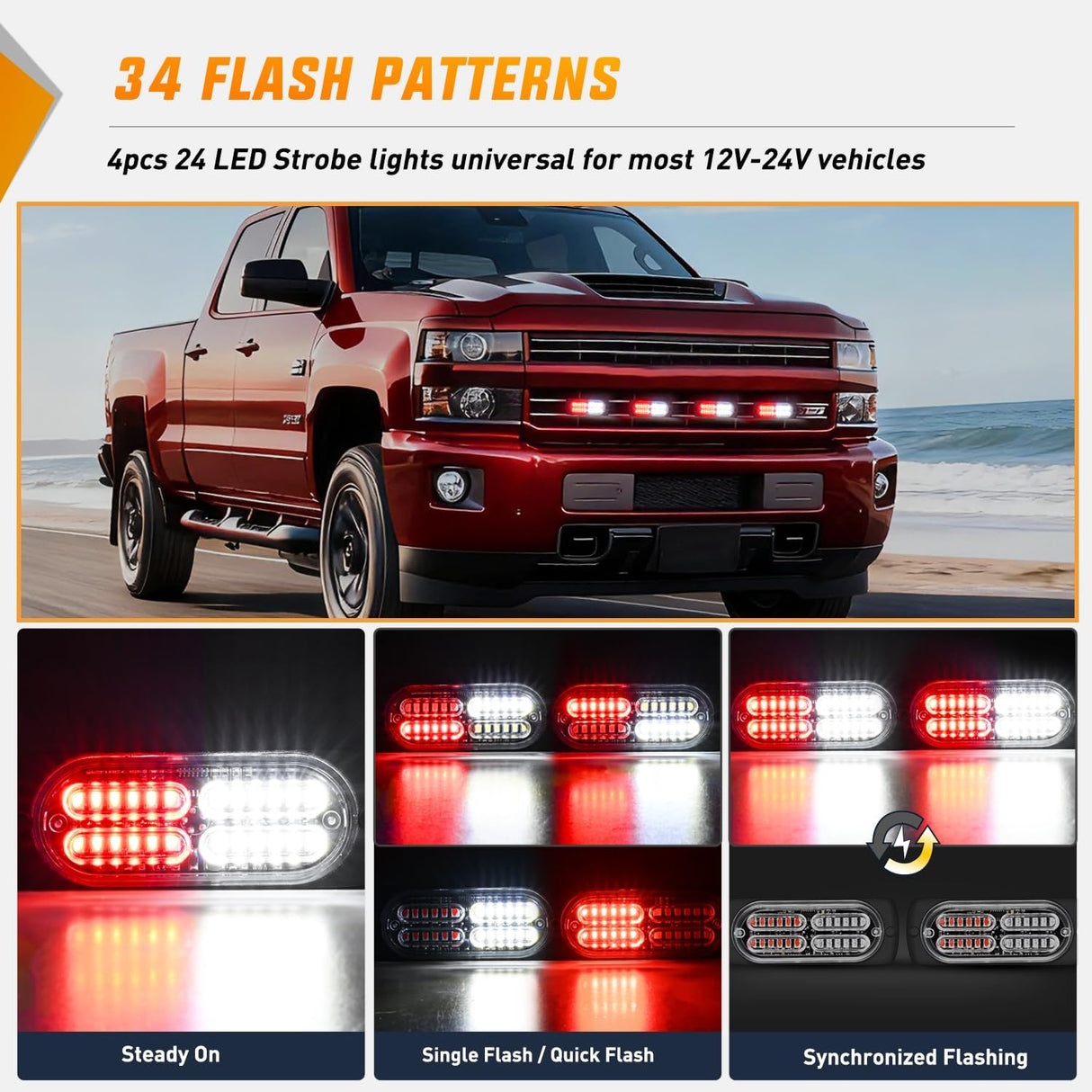 4PCS 24LED Emergency Strobe lights 12V 24V Red White Surface Mount Grille Hazard Safety Warning Light Sync Feature Side Flashing Marker Flash for Car Truck Campers