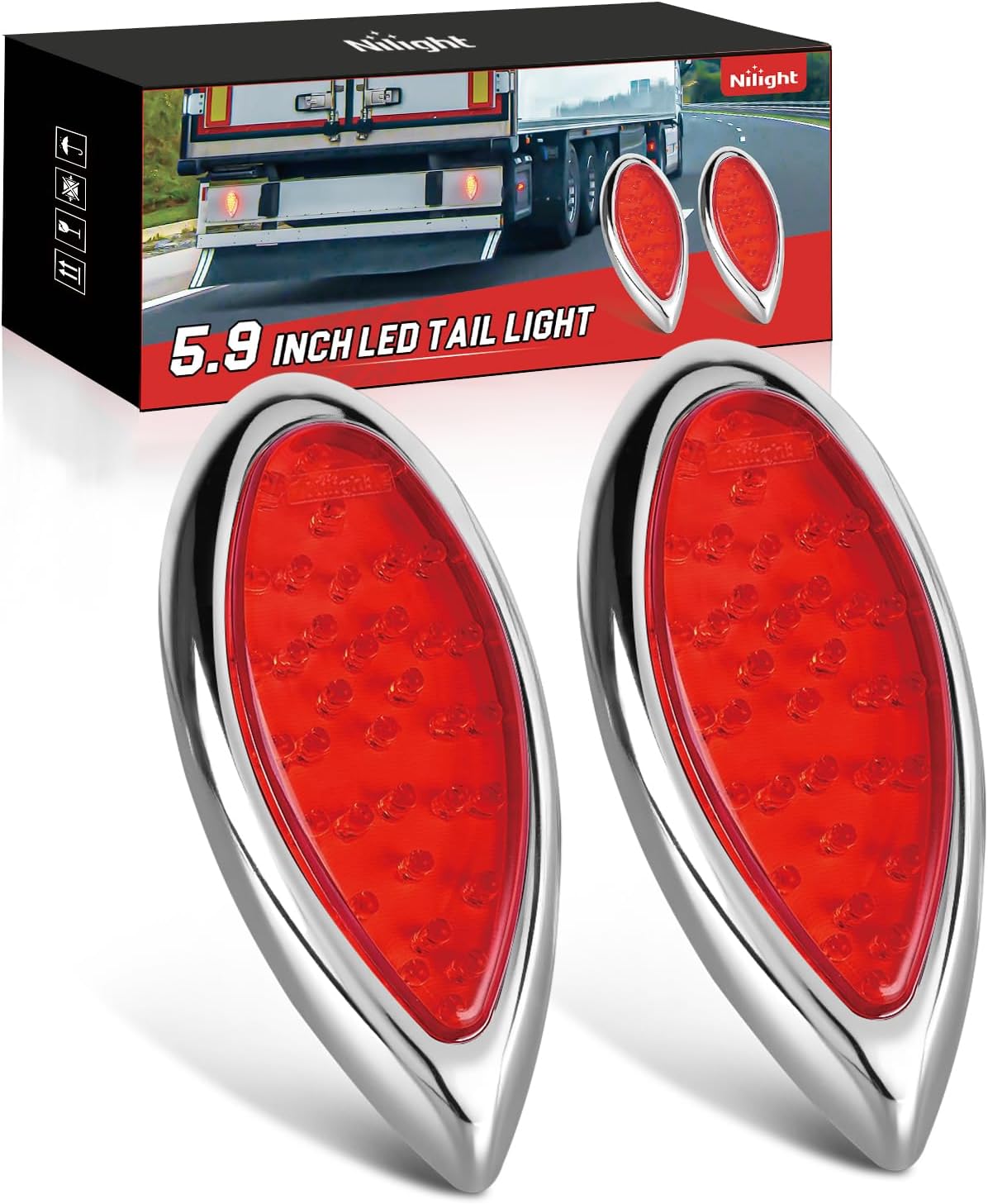 Trailer Tail Lights 2PCS 5.9Inch Teardrop 35LED Red Chrome | Bezel Marker Clearance Stop Brake Turn Signal Running Taillights IP67 Waterproof for Trailer Truck Pickup Camper RV