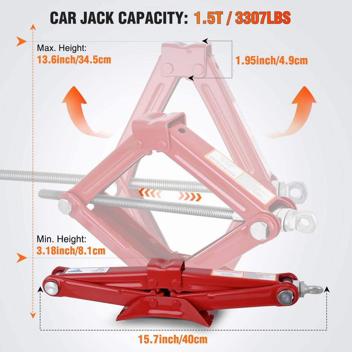 Scissor Jack for Car 1.5 Ton (3307 lbs), Heavy Duty Steel Scissor Lift Jack Car Kit with Crank Handle for Sedan SUV MPV Tire Changing, 3.18 Inch-13.6 Inch Lifting Range Portable Small Jack, Red