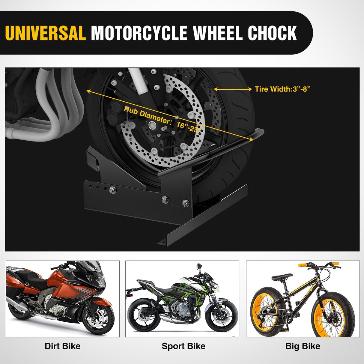 Motorcycle Front Wheel Stand for 16 Inch-23 Inch Wheels | for Trailer Cruiser Sports Dirt Bikes 1800 lb Capacity Adjustable Wheel Stand