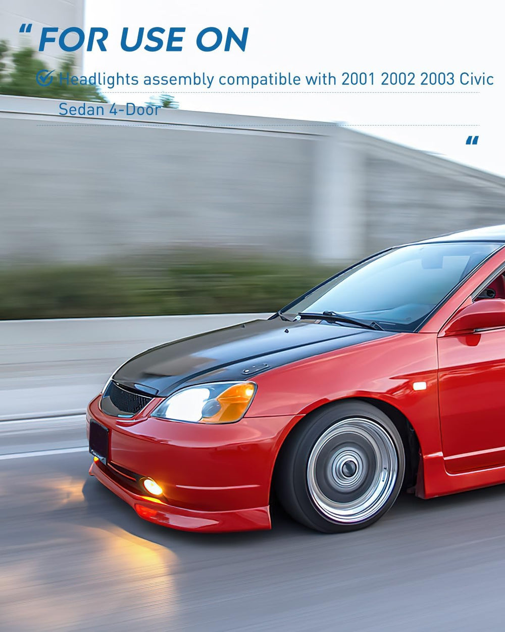 2001-2003 Honda Civic Headlight Assembly Black Case Amber Reflector Clear Lens Nilight