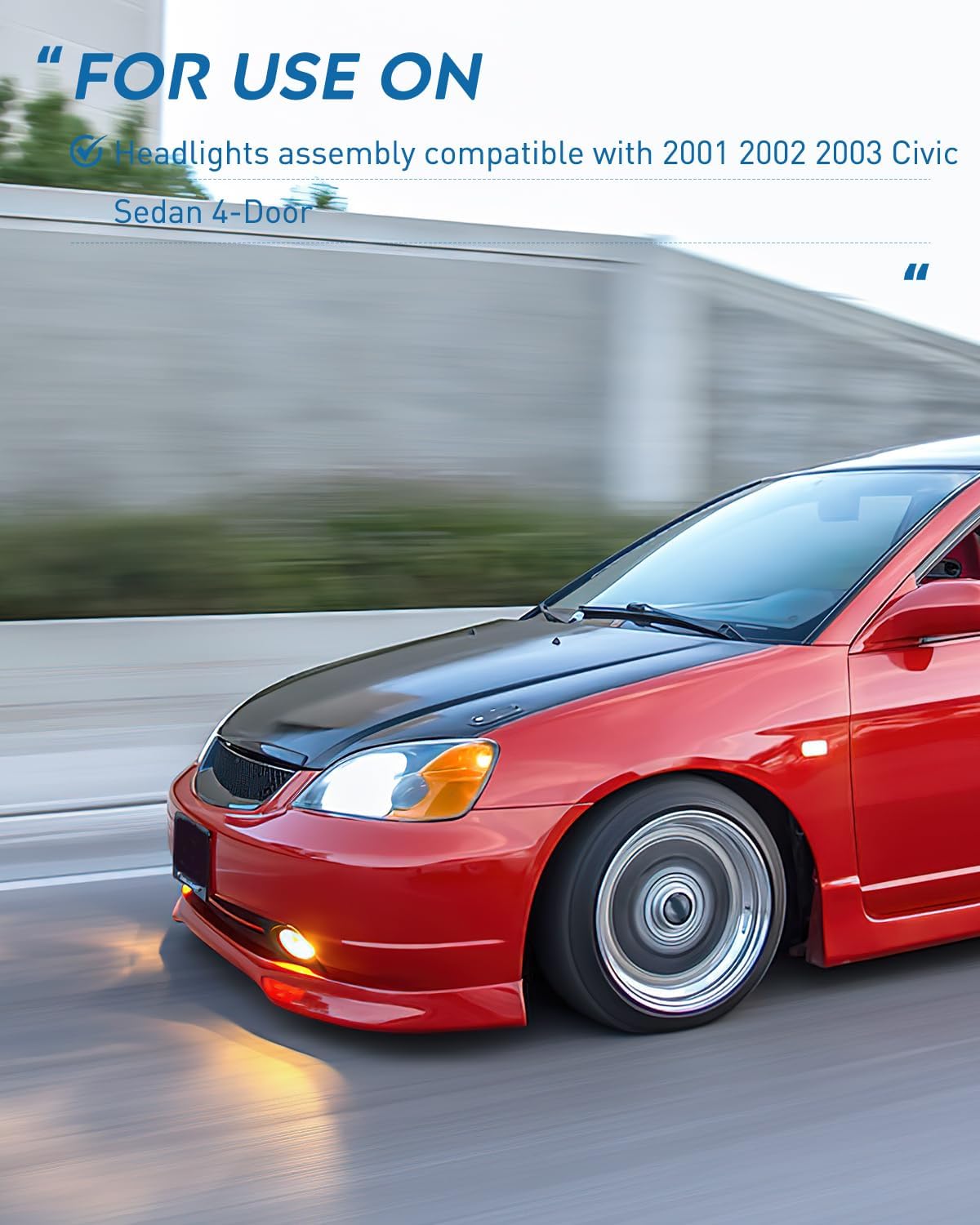 2001-2003 Honda Civic Headlight Assembly Black Case Amber Reflector Clear Lens Nilight