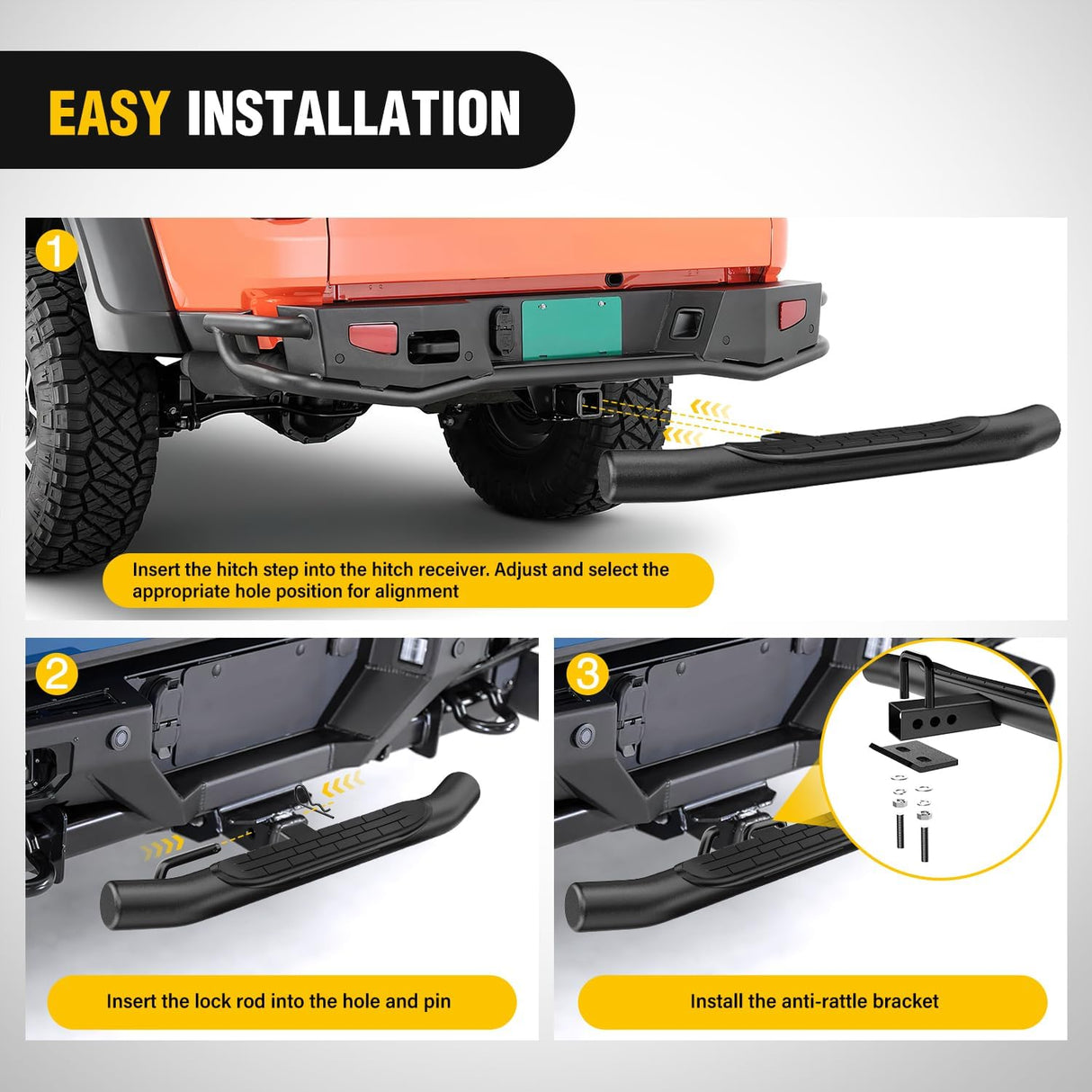 36 Inch Hitch Step Fits 2 Inch Receivers 3 Inch Round Tubing Stainless Steel with Rubber Non-Slip Pad Rear Bumper Guard with 5/8 Inch Hitch Pin Clip & U-Bolts Stabilize for Pickup Truck Car SUV