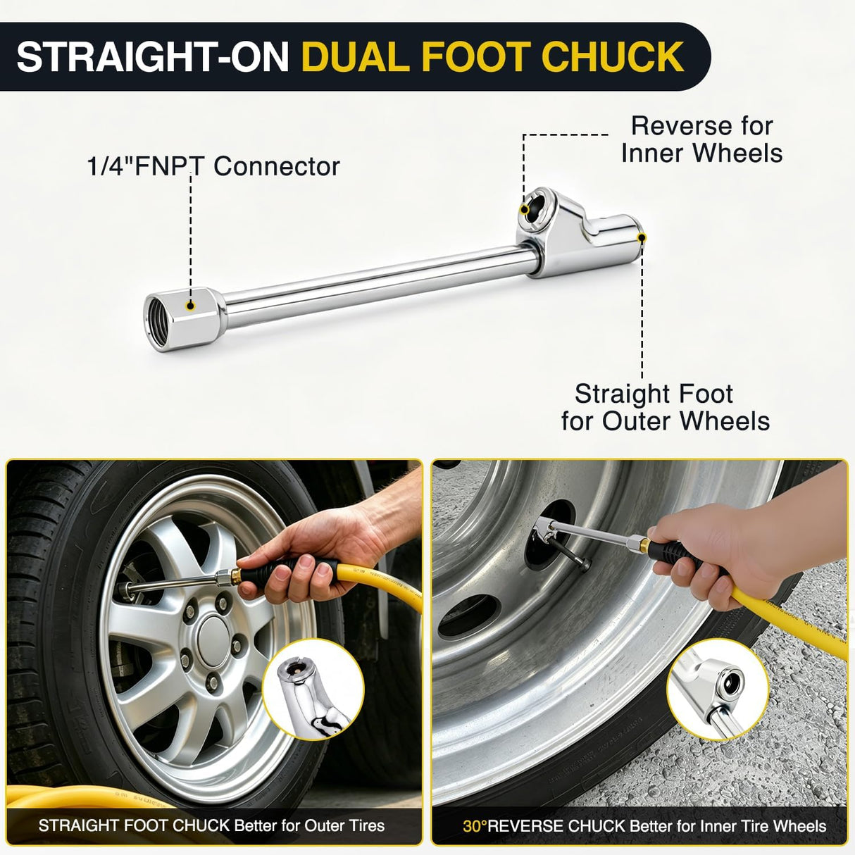 Heavy Duty Truck Tire Inflator Kit 3/8 in x 50 FT 300 PSI | Hybrid Air Hose with Universal Glad Hand and Air Chuck Lightweight Kink Resistant Semi Trailer Tractor Tire Inflation Hose