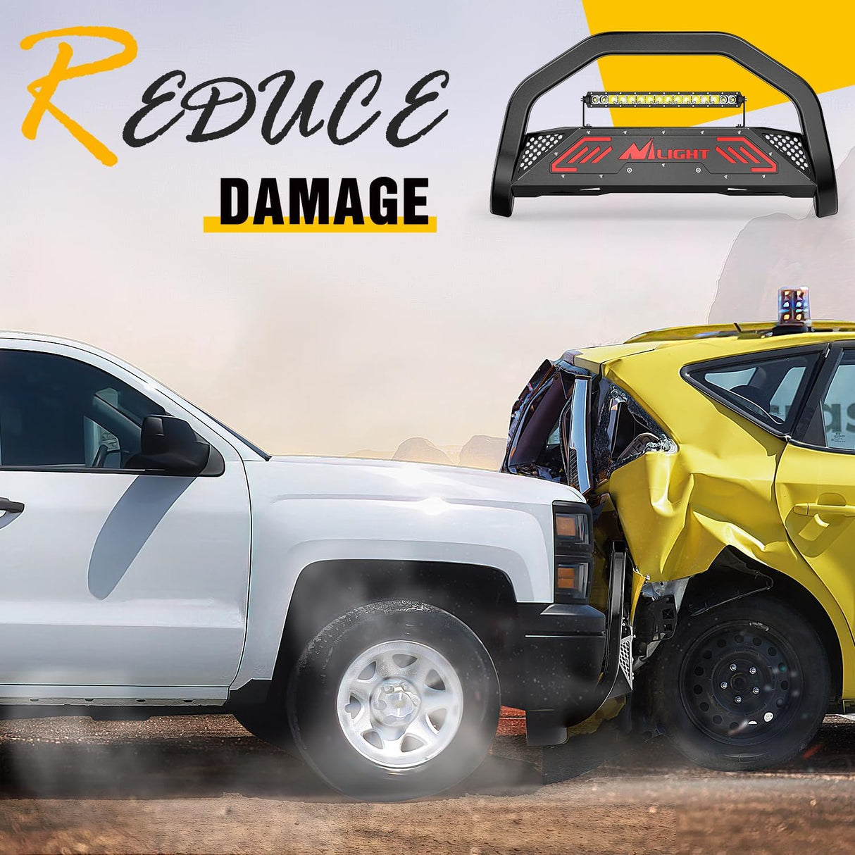 Bull Bar with Light fits 2007-2018 Chevy Silverado GMC Sierra 1500, 2007-2020 Chevy Tahoe Suburban&Yukon/Yukon XL Front Bumper Grille Brush Push Guard with Skid Plate Licence Plate Hole Black