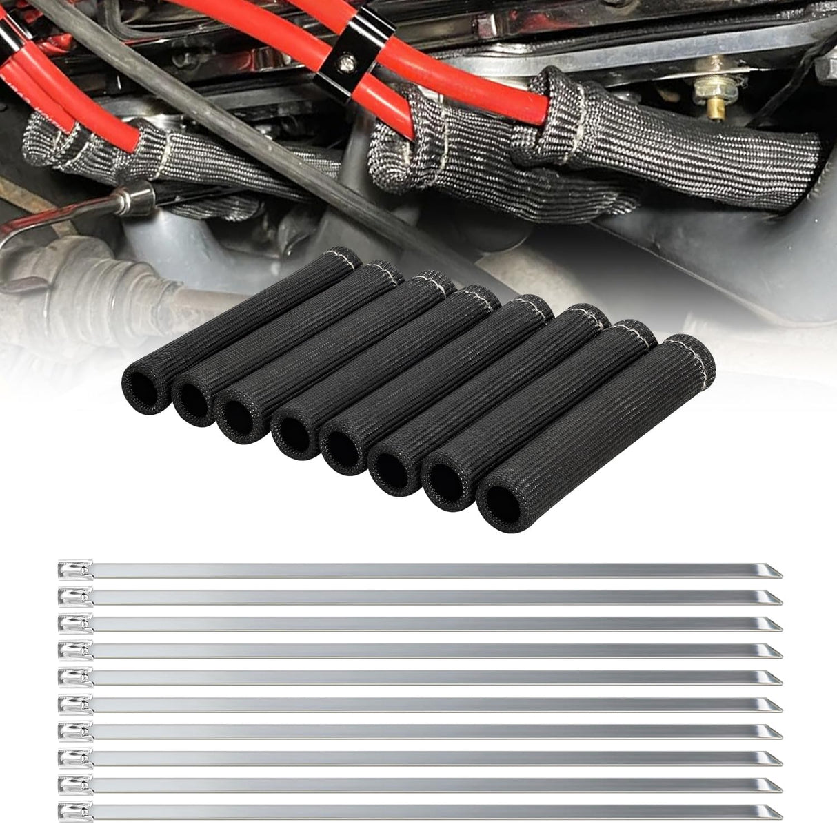 6 Inch Spark Plug Wire Heat Shield Sleeve 8PCS Black | 3002°F Boot Protector with 10 Metal Zip Ties, Replacement for LS1 LS2 SBC BBC 350 454 Car Truck