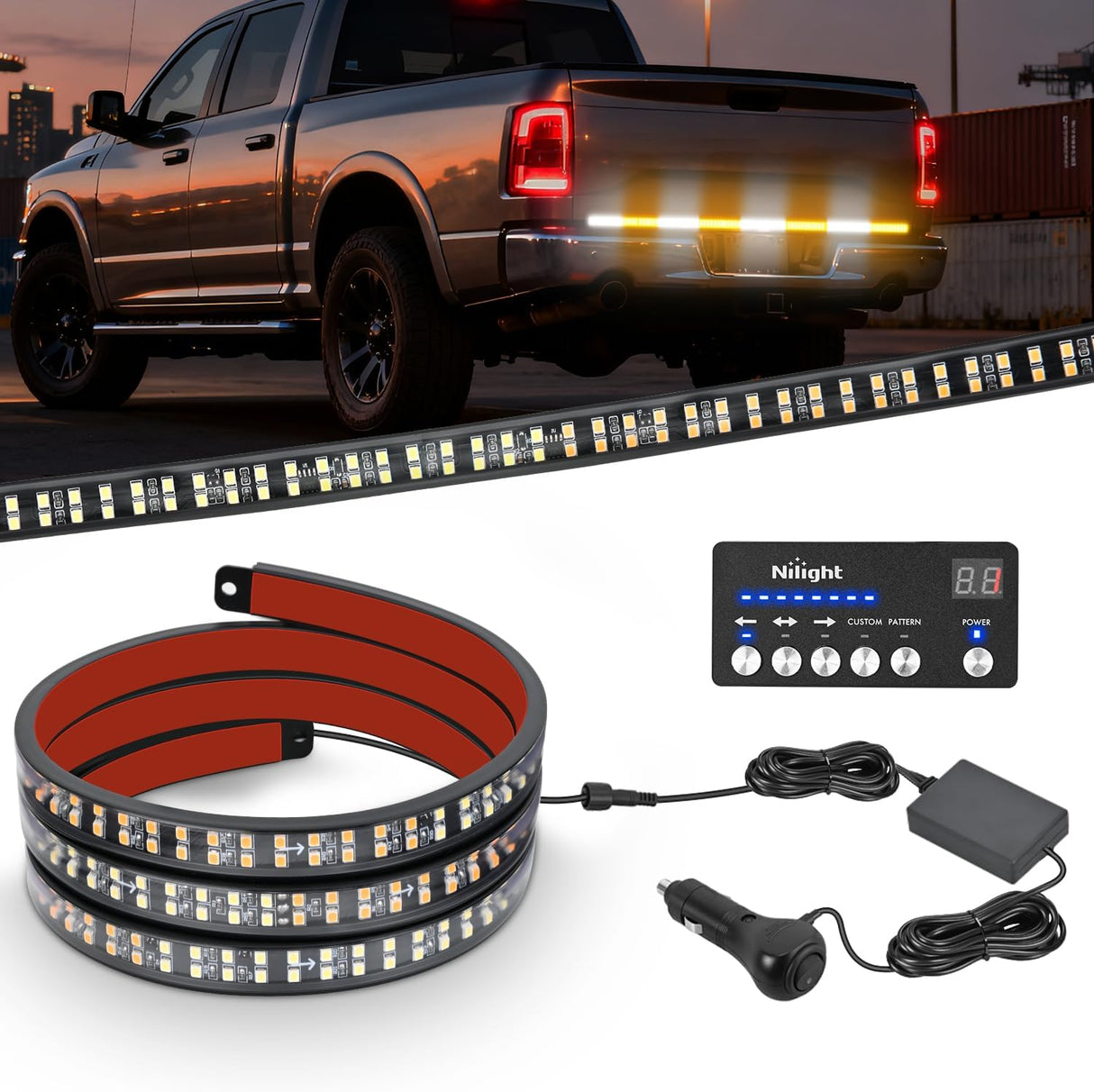 49 Inch Emergency Strobe Light Strips with Controller, 288LED Flashing Warning Hazard Safety Rear Window Tailgate Lights for Truck Trailer Construction Plow Pickup SUV Vehicle, Amber White