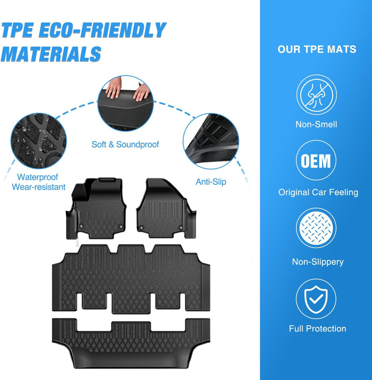 TPE Floor Mats for Chrysler Pacifica 2017 2018 2019 2020 2021 2022 2023 2024 2025 2026 (Not Hybrid) All Weather Custom Fit Heavy Duty Floor Liners