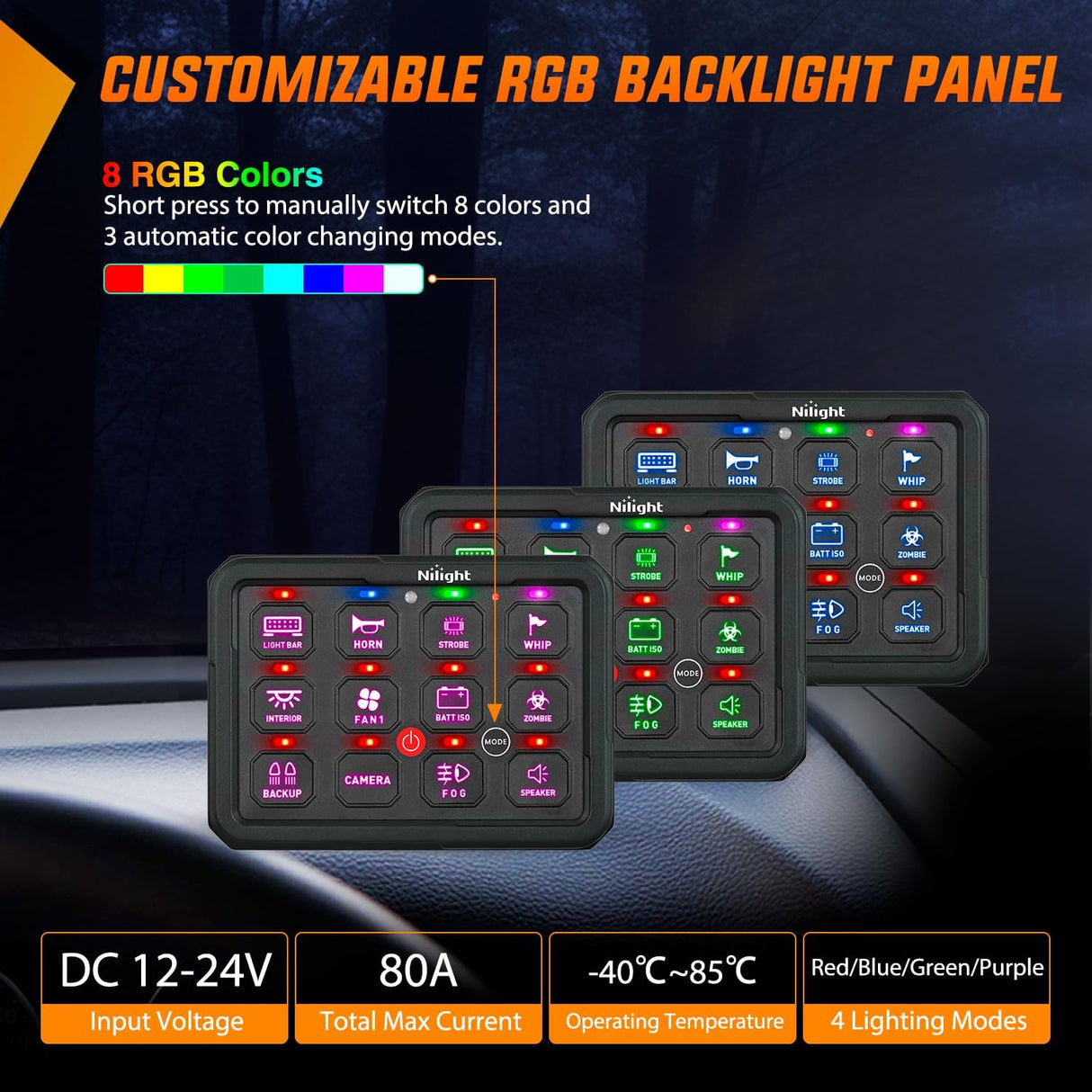 12 Gang Switch Panel Circuit Control Relay System RGB Backlight Fuse Wiring Harness Toggle Momentary Strobe Flash Modes Automatic Dimmable 12V 24V for Car Truck Camper SUV