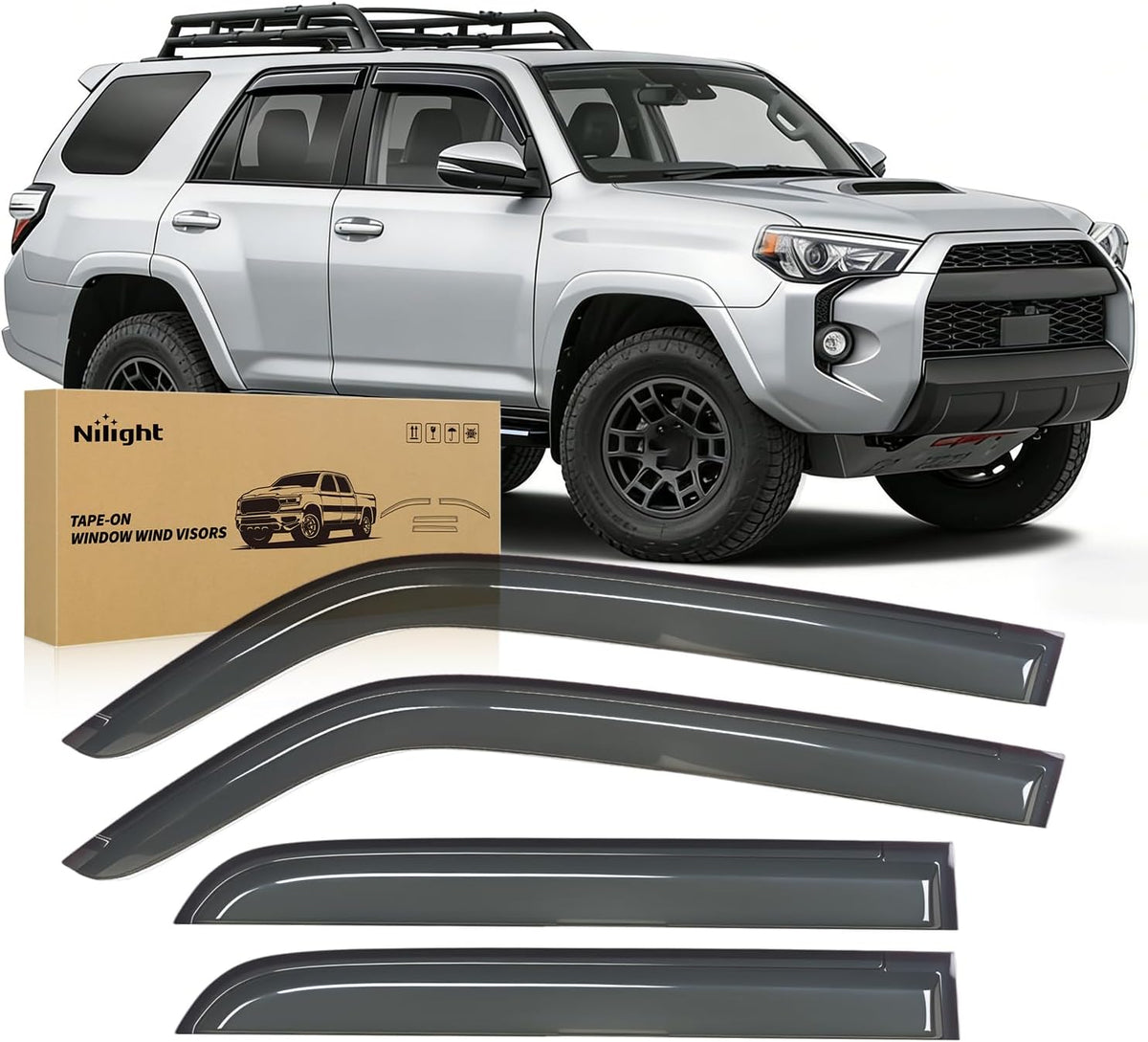 Window Visors for Toyota 4Runner 2010-2024 Outside Mount | Tape-On Rain Guards Vent Visors Window Deflectors Fresh Air Ventilation, Rain & Sun Protection Smoke Tint, 4PCS
