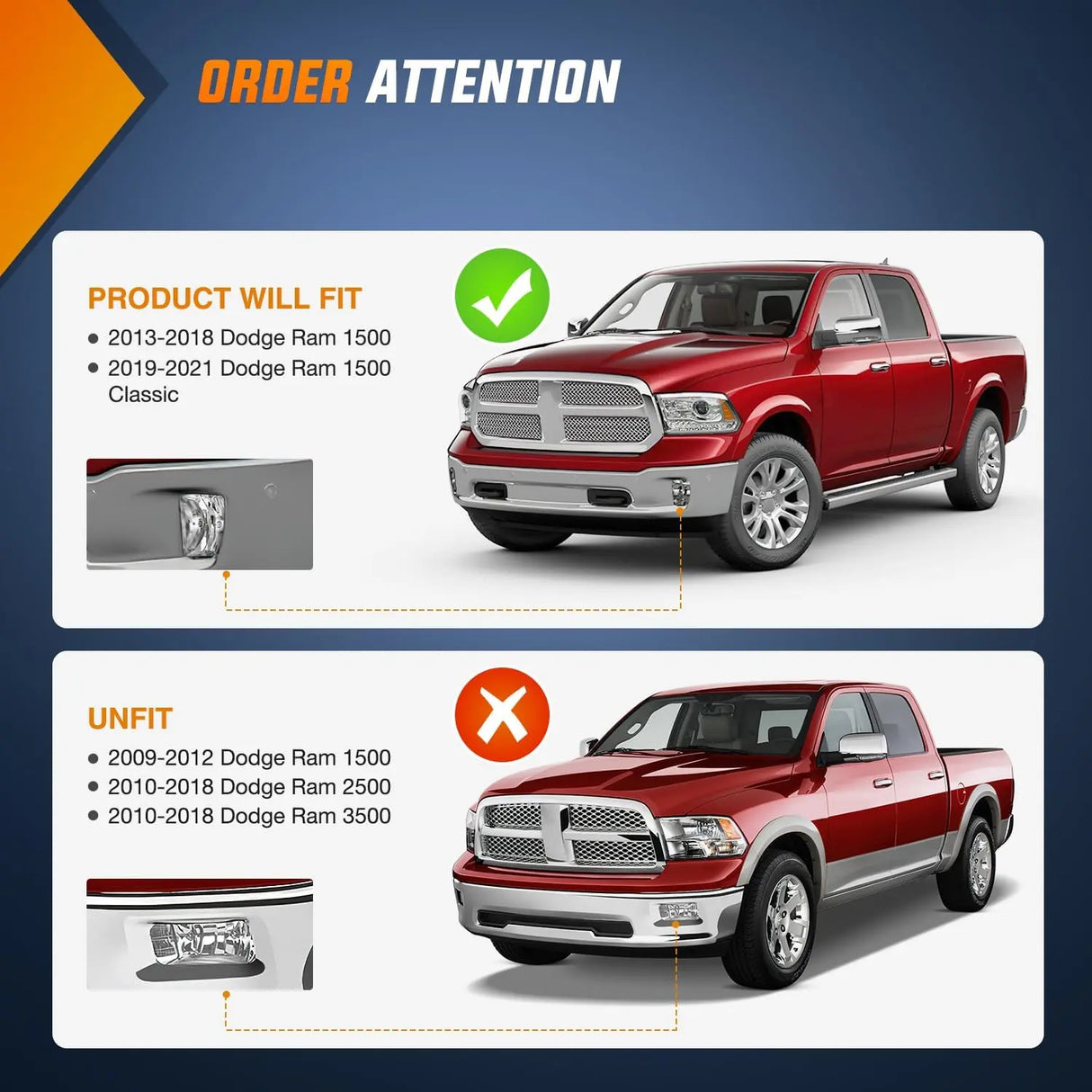 Fog Light Assembly Fog Light Assembly For 2013 2014 2015 2016 2017 2018 Dodge Ram 1500 2019-2021 RAM 1500 Classic (Not Fit for Rebel Model) Fog Light Replacement Clear Lens