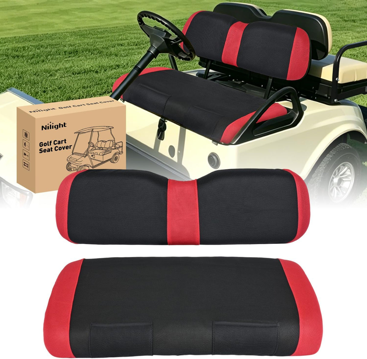 Golf Cart Front Seat Cover 1PC Red Black EZGO TXT RXV Club Car DS | Breathable Sandwich Mesh Sun Scratch Resistant Washable No Staple Fits 1994-2013 EZGO TXT RXV and 2000-2026 Club Car DS