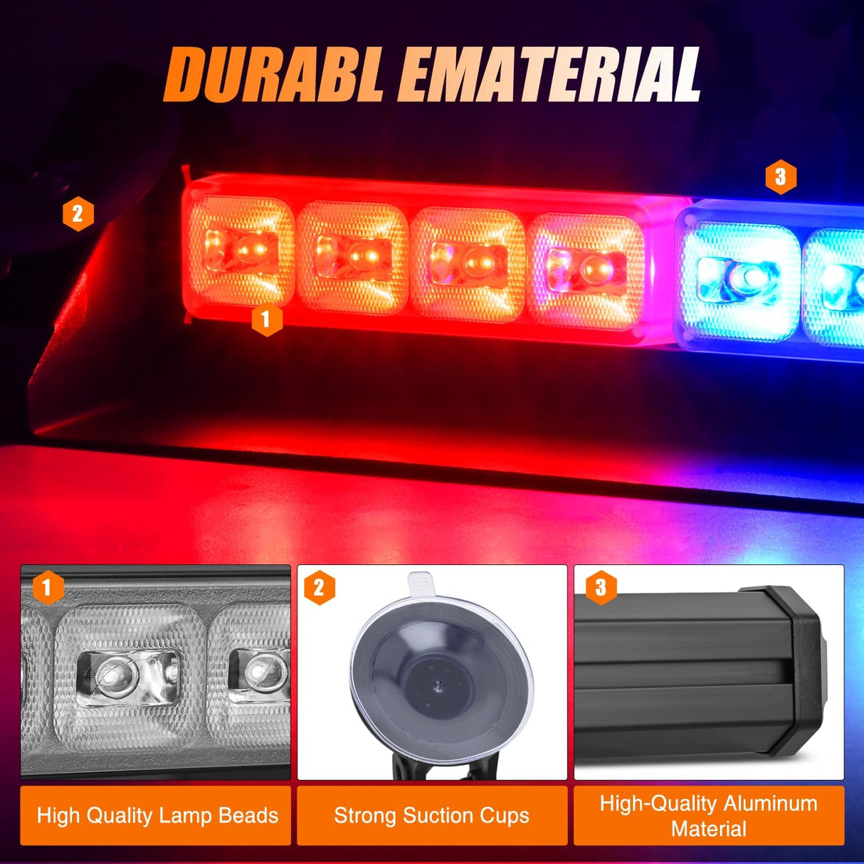 8LED Red Blue Traffic Advisor Strobe Light Bar Hazard Safety | with Vacuum Suction Emergency Dash Warning Flashing Lights Front/Rear Windshield Visor for Truck Police Construction Vehicles