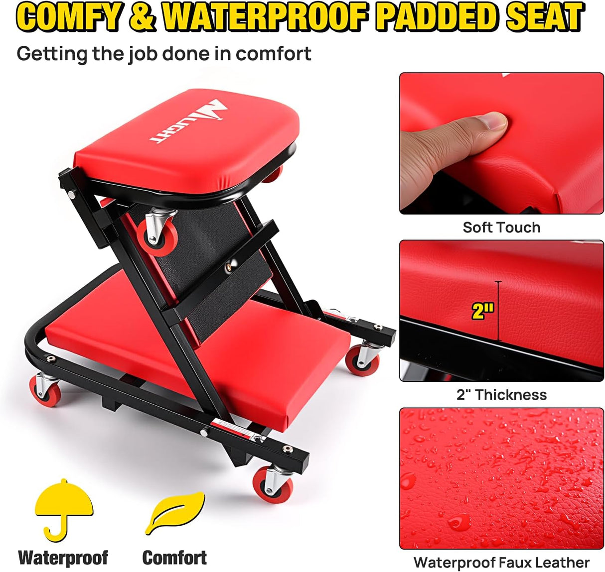 40 Inch Z Creeper - 2-in-1 Folding Rolling Mechanic Seat, 40 inches Adjustable Lay-Down or Sit Garage Chair, 330 lbs Capacity, Red Black