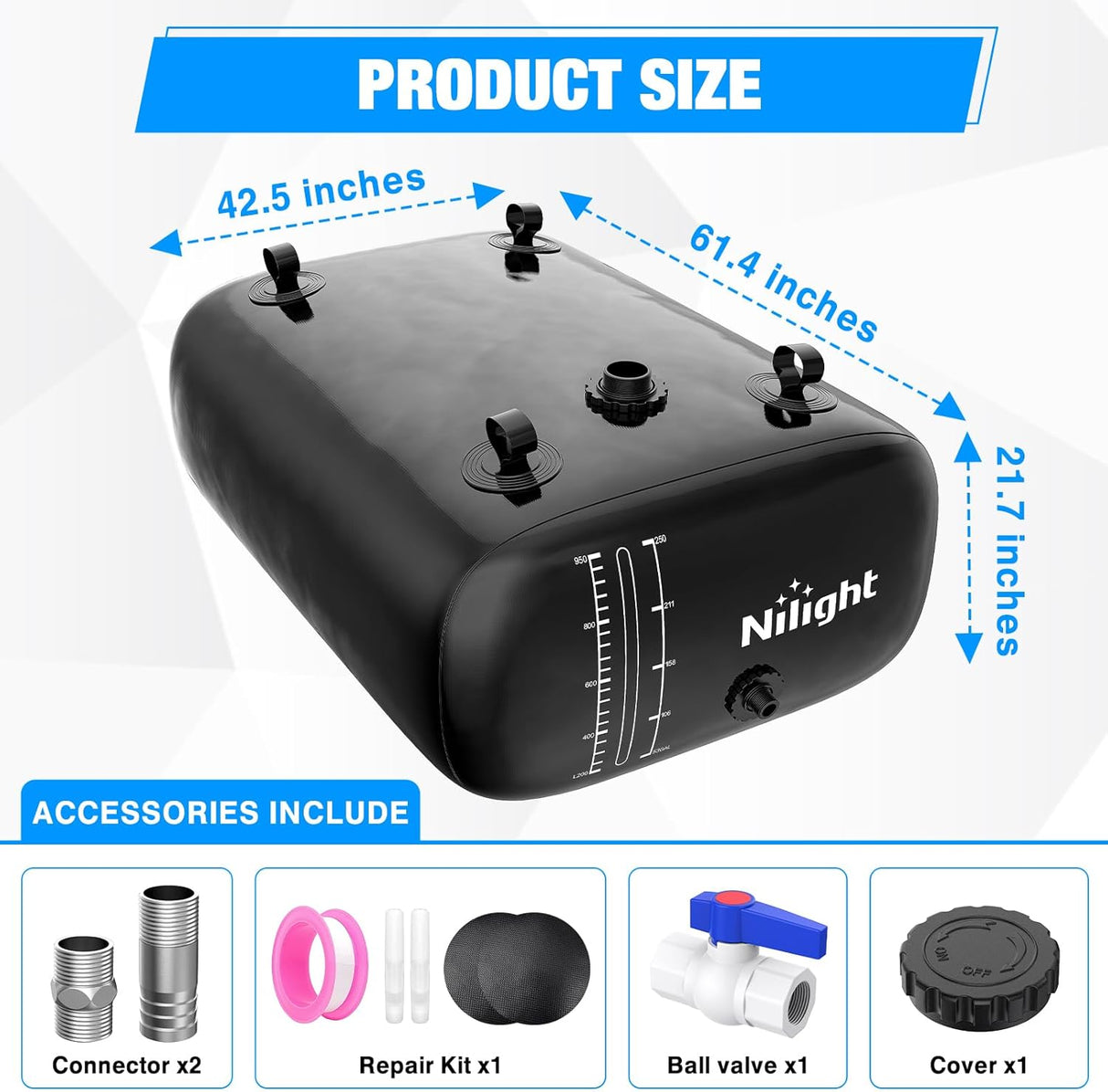 246Gal/1000L Water Storage Bladder, RV Potable Water Bladder Tank Camping 1000D PVC Foldable Collapsible Storage Containers for Truck Bed Carrier Garden Irrigation Emergency Water Use, Black
