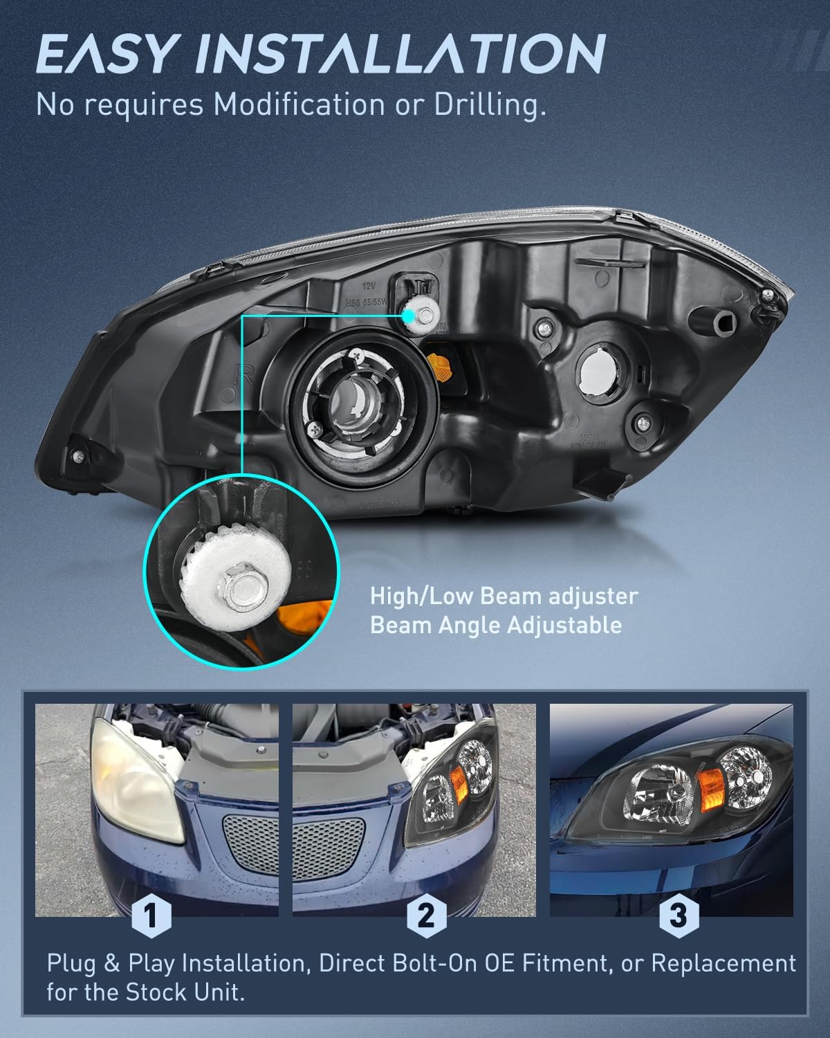 2005-2010 Chevy Cobalt 2005-2009 Pontiac Headlight Assembly Black Housing Amber Reflector Nilight