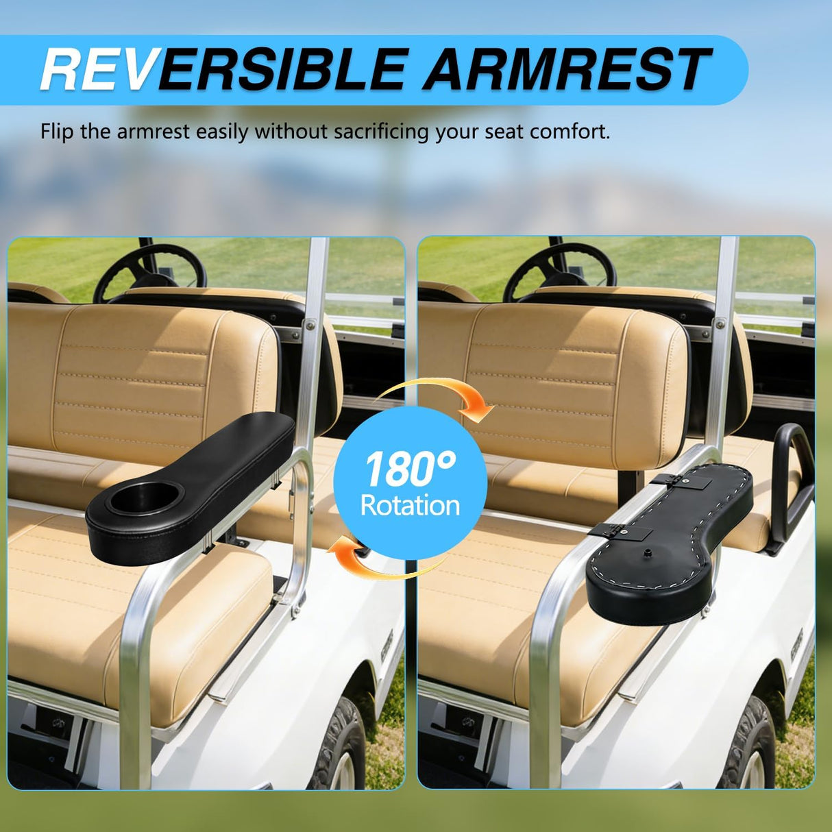 Golf Cart Armrests 2PCS Black Flip Stand Cup Holder | No Drilling Detachable PU Leather Armrest with Iron Bracket Fits 1 Inch Square Tubes for EZGO Club Car Yamaha Rear Seat
