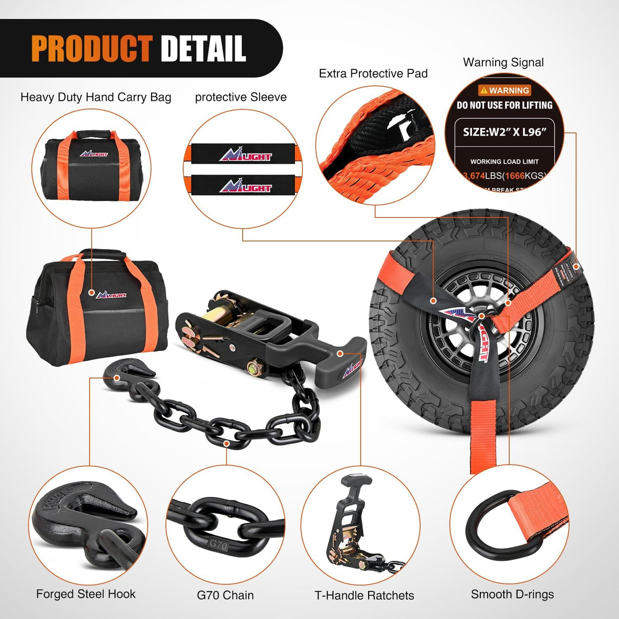 Car Tie Down Straps with Chain Hook Anchors 4 Pack Adjustable Wheel Straps 2 Inch x 96 Inch Lasso Style 3,674 lbs Safe Working Load Comes with Bag for Truck Cars UTV Orange