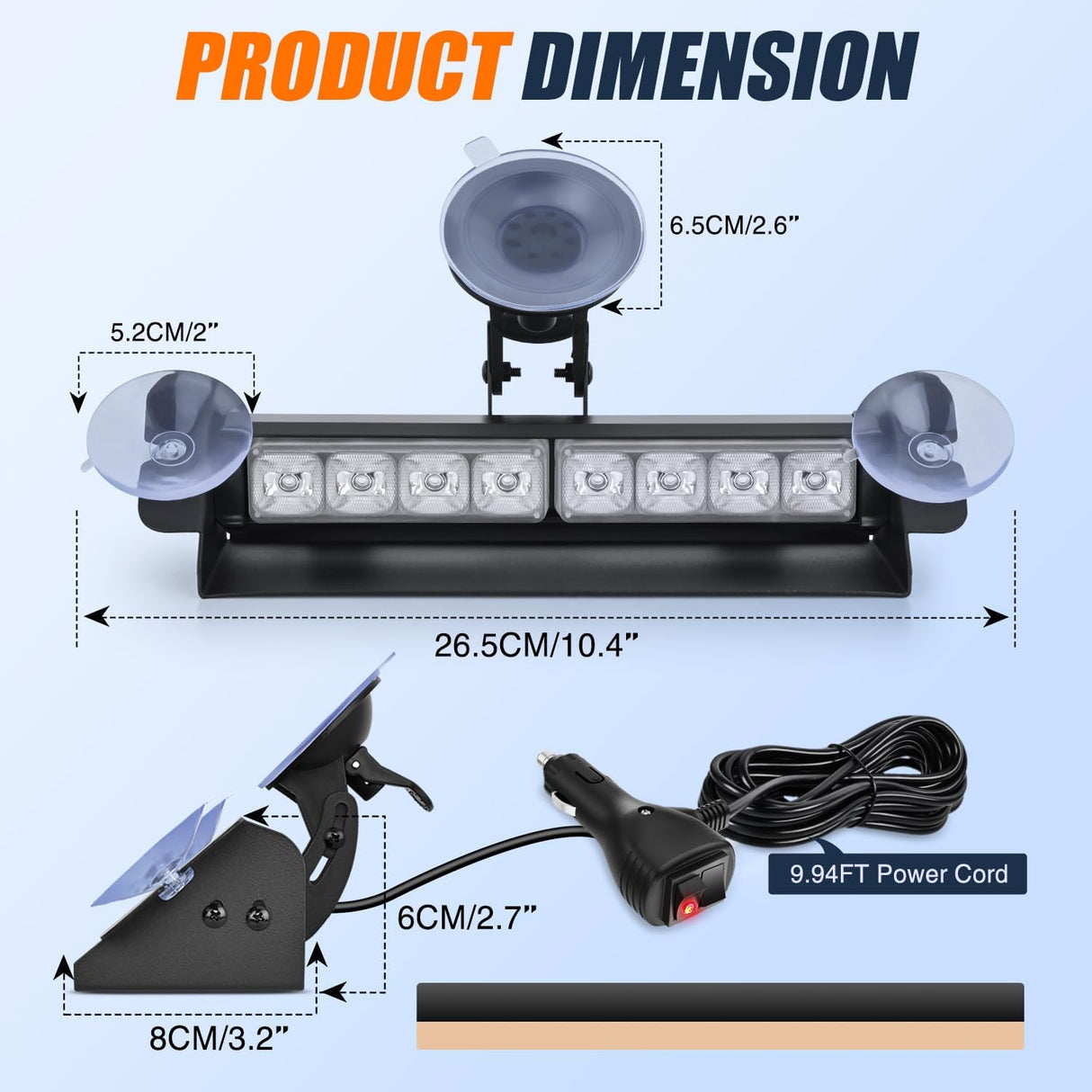 8LED Blue Traffic Advisor Strobe Light Bar Hazard Safety | with Vacuum Suction Emergency Dash Warning Flashing Lights Front/Rear Windshield Visor for Truck Police Construction Vehicles