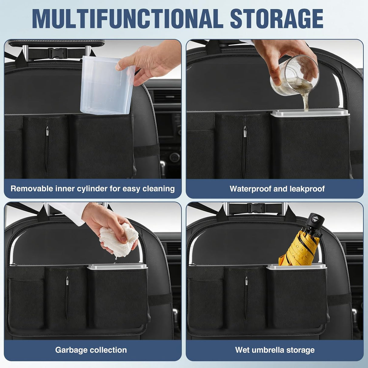 Car Seat Back Organizer 1PC Black PU Leather Universal | Removable Inner Bucket Tissue Box Mesh Pockets Waterproof Hanging Storage Bag for Cars Vans SUVs MPVs Pickup Trucks
