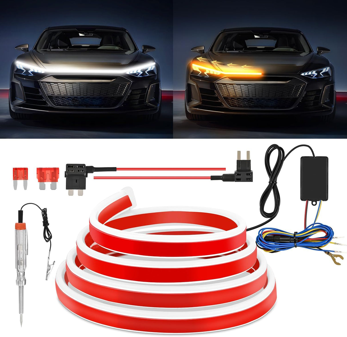 59-Inch LED Hood Strip, White Startup DRL Amber Signals Light | White Dynamic Daytime Running Light Amber Sequentiall Turn Signal Waterproof for Cars, SUVs & Trucks