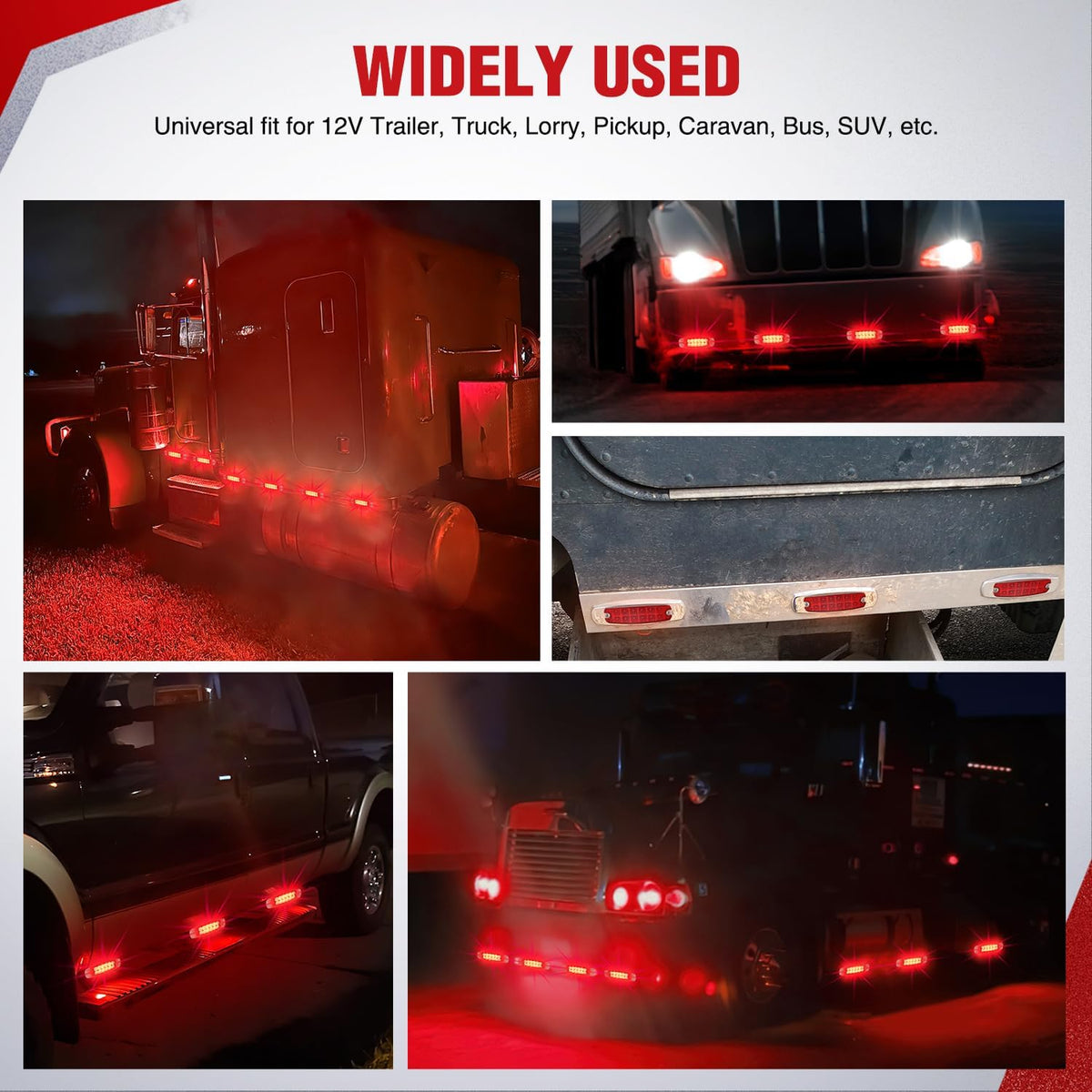 6.3 Inch Red Rectangle Side Marker Light with High Low Strobe | 12 LED IP67 Waterproof Chrome Bezel 12V Surface Mount Marker & Clearance Light Fits Pickup Trucks Trailers RVs Boats,10 Pack