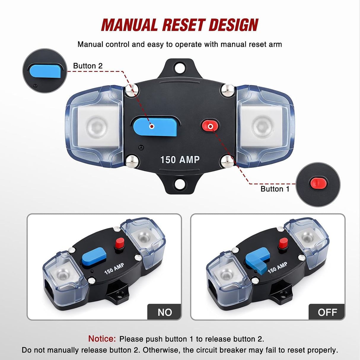 Circuit Breaker 150 Amp w/Manual Reset 12V-42V Overload Protection | Resettable Switch Trolling Motor Auto Car Stereo Audio Inline Fuse Block Holders Inverter for Automotive RV Marine Boat
