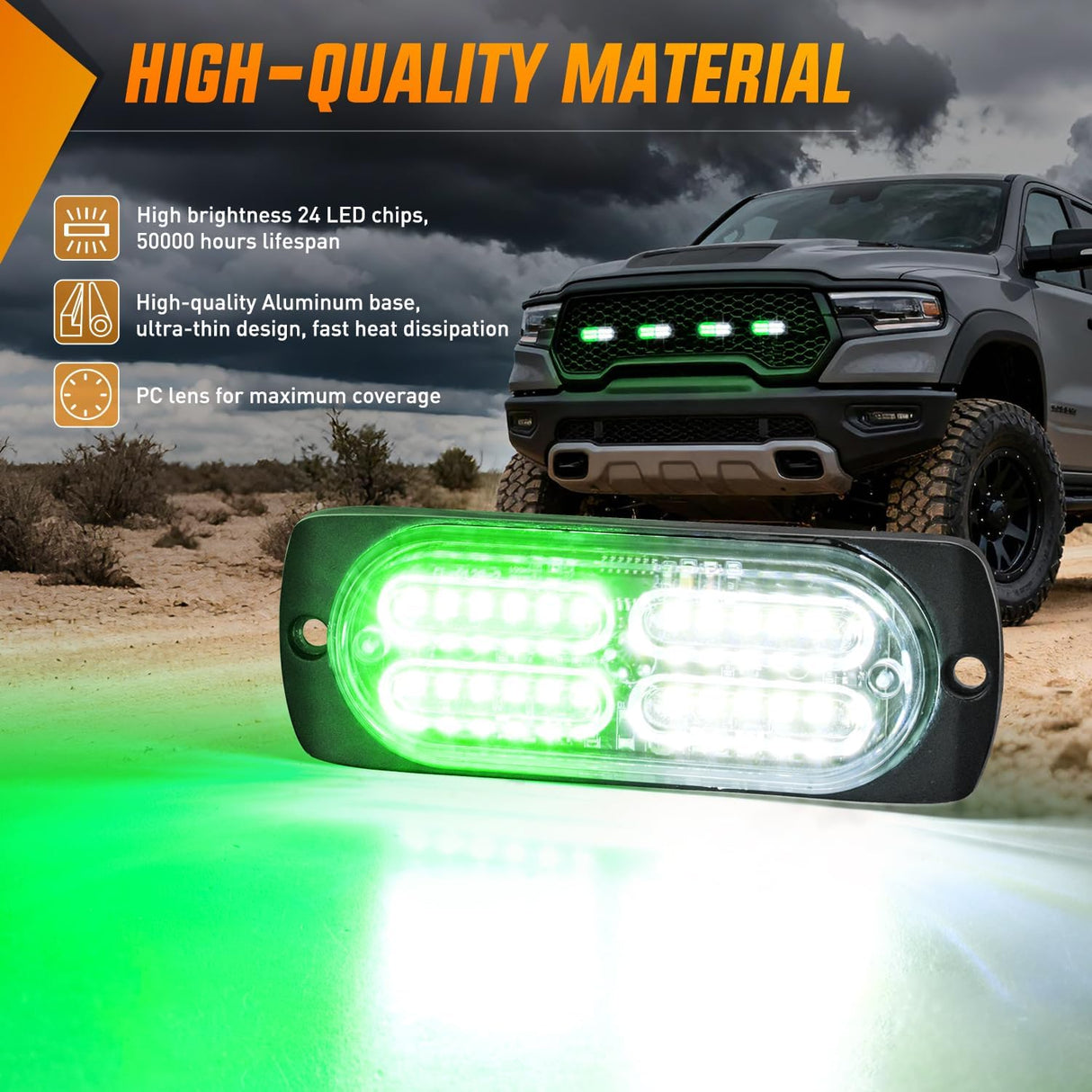 4PCS 24LED Emergency Strobe lights 12V 24V Green White Surface Mount Grille Hazard Safety Warning Light Sync Feature Side Flashing Marker Flash for Car Truck Campers