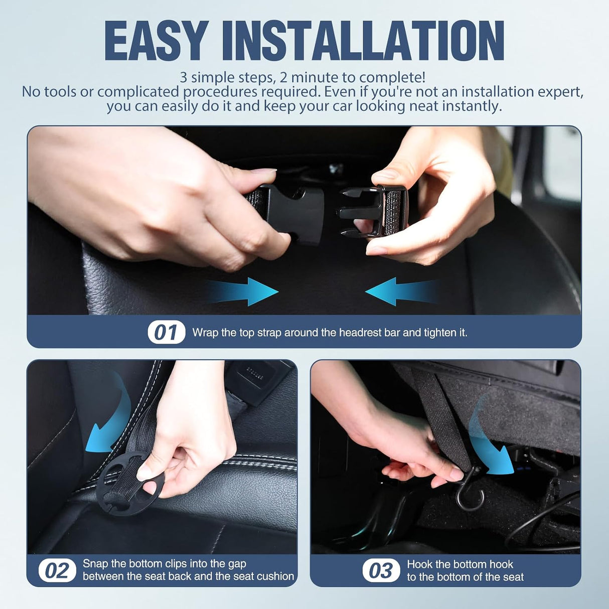Car Seatback Organizer 2PCS Black PU Leather Universal | Foldable Tray Tablet Holder Tissue Box Removable Bucket Waterproof Storage Bag for Cars Vans SUVs MPVs Pickup Trucks